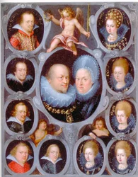 Herttua Fredrik I (1557-1608) (r. 1593-1608) ja Württembergin herttuatar Sibylla sekä kymmenen heidän lastaan.