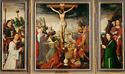 Ristiinnaulitsemisen triptyykki (maalaus tammipuulle)