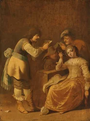 Kortinpelaajat ja nainen polttaa piippua