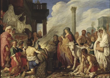 Didon (Elyssa, Elissa, Elisha, Elysha ou Helissa) fait un sacrifice a Junon - Didon uhraus Junolle, kirjoittanut Lastman, Pieter Pietersz. (1583-1633). Öljy puulle