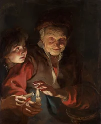 Vanha nainen ja poika kynttilöiden kanssa, n. 1616-1617.