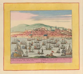 Hollantilais-englannin laivaston saapuminen kuningas Kaarle III:n kanssa Lissaboniin, 1704 Hänen vuorensa laskeutuminen. Carel III Espanjan kuningas Lissaboniin Portugaliin den 7 Maert 1704 (...) (otsikko esineessä) Sotateatteri, Kuningas Karel den alku