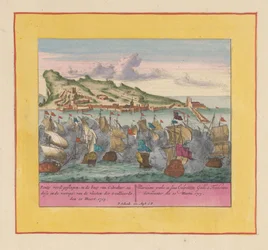 Gibraltarin meritaistelu 1705 Ponty lyötiin liittoutuneiden laivastojen Gibraltarin lahdella (sie dese edessä), den 20 Meert, 1705 (otsikko esineessä) Sotateatteri, kuningas Kaarle II:n alku. Nähdään King Karel luolassa