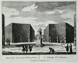 Kuusikulmainen pensasaita faun-suihkulähteen vieressä, "Admirandorum Quadruplex Spectaculum", kirjoittaja Jan van Call (1656-1703), julkaistu ennen vuotta 1715 (kaiverrus)