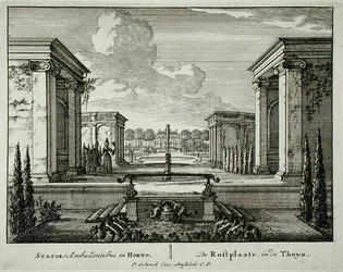Lepopaikka puutarhassa, Jan van Callin (1656-1703) teoksesta "Admirandorum Quadruplex Spectaculum", julkaistu ennen vuotta 1715 (kaiverrus)