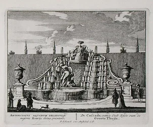 Kaskadi itämaisessa puutarhassa, Jan van Callin (1656-1703) Admirandorum Quadruplex Spectaculumista, julkaistu ennen vuotta 1715 (kaiverrus)