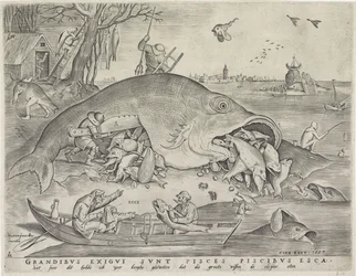 Isot kalat syövät pienet kalat, kaiverrus Pieter van der Heyden, 1557