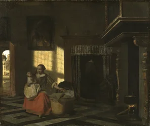 Sisustus äiti lähellä kehtoa - Sisustus äiti lähellä kehtoa, kirjoittanut Hooch, Pieter, de (1629-1684). Öljy kankaalle, n. 1665. Koko: 54x65 cm. Tukholman kansallismuseo