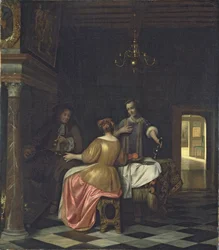 Sisustus, jossa herrasmies ja kaksi naista keskustelevat, n. 1668-70 (öljy kankaalle)