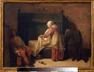 ""Nuoren miehen aamu"" (The Morning of a Young Man) Nuori mies valmistautuu heräämään, kun piika petaa sängyn. Lattialla tohveli ja kammioastia. Pieter de Hoochin (1629-1684) maalaus 1655-1657 Pushkin-museo, Moskova