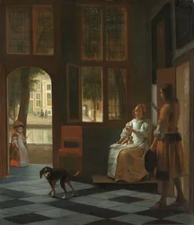 Mies ojentaa kirjeen naiselle talon eteisessä, 1670