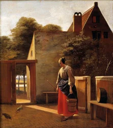 Piika hollantilaisen kaupungin pihalla Peter Hooghin (1629-1681) maalaus 1600-luku Yksityinen kokoelma