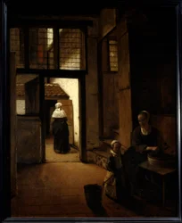 Näkymä hollantilaisen talon takapihalle Peter de Hoochin (1629-1681) maalaus (ec.flam.) 1600-luvun su. 0,6x0,49 m Pariisi, Louvre-museo