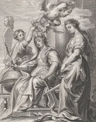 Hyvän hallinnon allegoria, joka istuu keskellä ja jonka kruunaavat putto ja wo..., n. 1640-74.