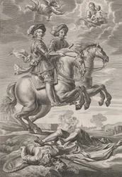 Levy 10: Unkarin kuningas ja Ferdinand hevosen selässä, Guillielmus Becanuksen teoksesta Sere..., 1636.