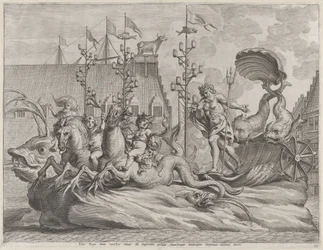 Kilpi 35: Filippos Espanjalainen Neptunuksena, ratsastaa kahden merihevosen vetämissä vaunuissa, Gu..., 1636.