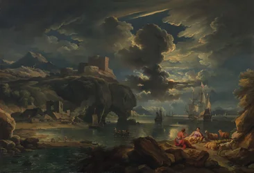 Välimeren kuutamoinen rannikkomaisema, n. 1700-01 (öljy kankaalle)