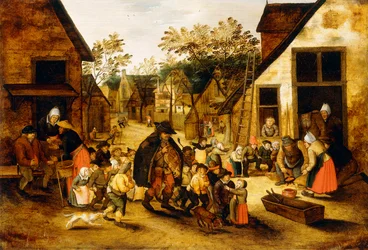 Sokea Hurdy-Gurdy-pelaaja lasten ympäröimänä kylässä, n. 1610