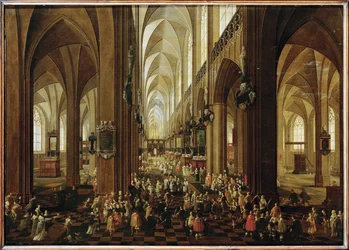 Antwerpenin Notre Damen sisätila, kapituli vastaanottaa arkkiherttua Leopold Wilhelmiä (maalaus tammipuulle).