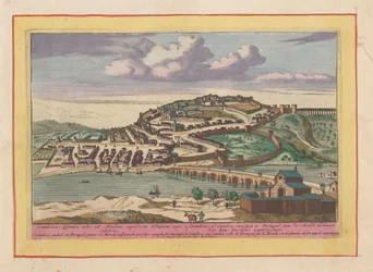Näkymä portugalilaiseen Coimbran kaupunkiin Coimbra tai Coimbra, kaupunki Portugalissa, Mondassa (otsikko esineessä) Theatrum Hispaniae (...) (sarjan nimi)