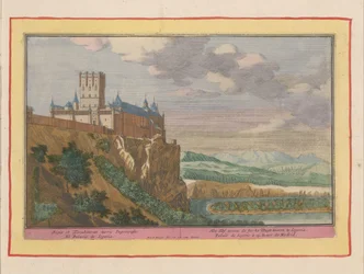 Kasteel van Segovia Het Hof nevens de sterke Wagt-tooren te Segovia / Regia et Excubitorum turris Segovia (otsikko esineessä) Theatre of Spain (...) (sarjan nimi)