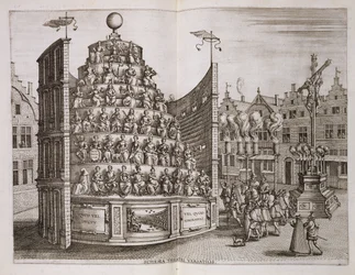 Siirrettävää teatteria kuvaava kuvitus "Hitorican kertomuksesta lähtö- ja vihkiäisistä...", kirjoittanut Johannes Bochius, Plantin Press, 1602