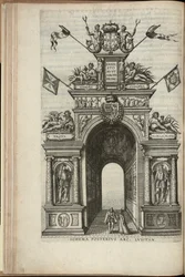 Tejo-, Plata-, Ganges- ja Hydaspes-joet. Portugalin voittokaaren takapuoli, Itävallan arkkiherttua Ernstin tulo Antwerpeniin, julkaistu 1595 (kaiverrus)