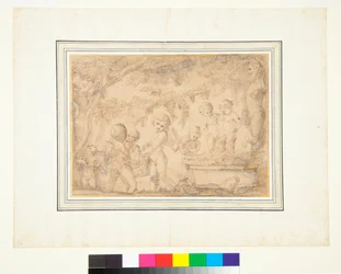 Putti ja Infant Satyrs Puristavat viinirypäleitä (kynä ja ruskea muste ja ruskea pesu)