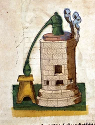 Alkemia: Tislauslaitteisto. Kaiverrus Pietro Andrea Mattiolin (Matthiole) (1500-1577) kirjasta. Frankfurt