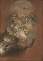 Opinnäytetyö "Napolin kuninkaan ja kuningattaren Ferdinand IV:n ja Maria Carolinan apoteoosi" (Palazzo dei Regi Studi, Napoli).