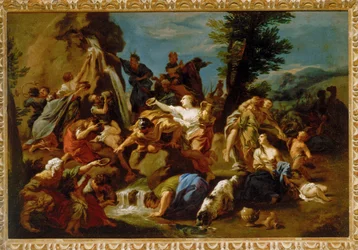 Mooses iskee kallioon erämaassa,
1700-luvun jälkipuolisko (öljy kankaalle).