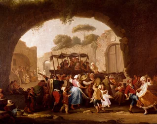 Tanssikohtaus ja kansanjuhla Napolissa, yksityiskohta. Tarantellan tanssijoita (tarantella, tarantella). Pietro Fabris (toimi vuosina 1763-1776), 1700-luku, Napoli, Museo Nazionale di San Martino