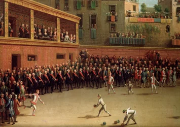 Italialainen pallopeli sisustuksessa Pietro Fabrisin (1740-1792) maalaus