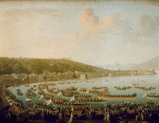 Espanjalaisen Kaarle III:n (Carlos III) (1716-1788) lähtö Napolinlahdelta (Italia). Pietro Fabrisin (1756-1779) maalaus öljy kankaalle