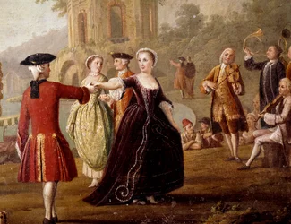 Ylhäinen tanssi- ja juhlakohtaus Napolissa. Tanssijoita puistossa. 1700-luku. Napoli, Museo Nazionale di San Martino