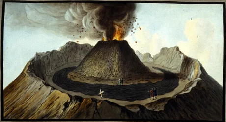 Purkautuva vesuvius. Tämän guassin toteutti Pierre Fabris Englannin Napoli-suurlähettilään Sir William Hamiltonin pyynnöstä.Bibl. Braidense, Milano.