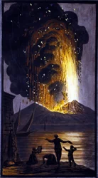 Purkautuva vesuvius. Tämän guassin toteutti Pierre Fabris Englannin Napoli-suurlähettilään Sir William Hamiltonin pyynnöstä.Bibl. Braidense, Milano.