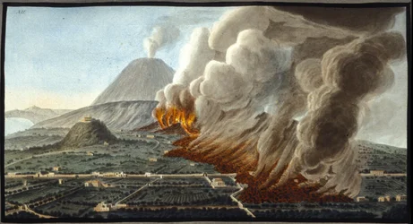 Purkautuva vesuvius. Tämän guassin toteutti Pierre Fabris Englannin Napoli-suurlähettilään Sir William Hamiltonin pyynnöstä.Bibl. Braidense, Milano.