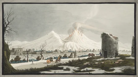 Vesuvius lumessa, levy V teoksesta "Campi Phlegraei: Observations on the Volcanoes of the Two Sicilies", Sir William Hamilton (1730-1803), julkaistu 1776.