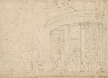 Arkkitehtoninen fantasia pyöreästä temppelistä, jonka ympärillä on ambulatorio (kääntöpuoli), noin 1792 (grafiitti).