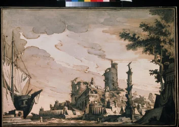 ""Näkymä satamaan"" Teatterin sisustus. Akvarelli Pietro di Gottardo Gonzaga (1751-1831) 1818. Akvarelli ja muste paperille. Moskova, Pushkin-museo