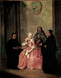 Pappi tarjoaa pariskunnalle kuumaa kaakaota venetsialaisten keksien kera - Pietro Longhin (1702-1785) maalaus 1774 Koko 61x50 cm Venetsia, Ca 