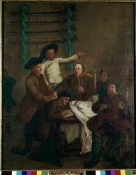 Metsästys laaksossa: nimien piirtäminen - Pietro Longhin (1702-1785) maalaus, öljy kankaalle, 61x46 cm