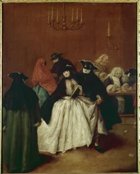 Il Ridotto (Venetsian Palazzo San Moisèn yksityishuone) eli naamioita Ridottossa, 61 x 49 cm, noin 1760. Venetsia, Fondazione Querini Stampalia