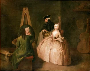 Maalarin ateljee Taidemaalari maalaustelineensä edessä kuvaa nuorta naista. Pietro Longhin (1702-1785) maalaus 1740-1745 Sun. 44x53 cm Venetsia, Ca 