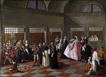 Luostarin vierailuhuone, Pietro Longhin (1702-1785) lähipiirin maalaus, 1750, mitat 96 x 131 cm, Ca