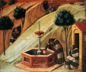 Karmeliitti ammentaa vettä profeetta Elian lähteestä, yksityiskohta Pietro Lorenzettin (noin 1280-1348) Carmine-alttaritaulusta, temperaa ja kultaa puupaneelilla