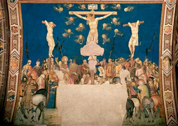 Pietro Lorenzettin ristiinnaulitsemisen fresko (1280/5 noin-1348) 1335-1340 San Francescon basilika, Alakirkko, Assisi