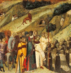 Ensimmäiset karmeliitin erakot Elian keväällä, yksityiskohta Carmine, Pietro Lorenzettin (noin 1280-1348) alttaritaulun predellistä, tempera ja kulta puupaneelissa