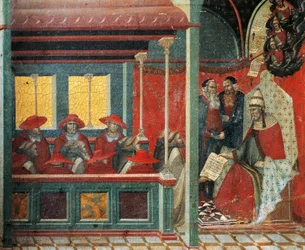 Honorius III:n hyväksymä karmeliitin sääntö, yksityiskohta Carmine-alttaritaulun predellasta, Pietro Lorenzetti (noin 1280-1348), tempera ja kulta puupaneelissa